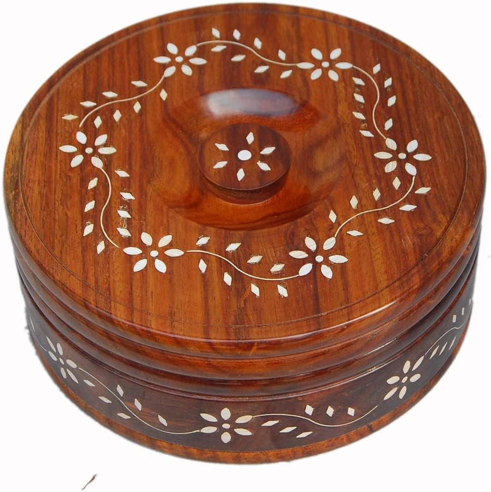wooden flower inlay design casserole chapati box/roti box with lid for kitchen
